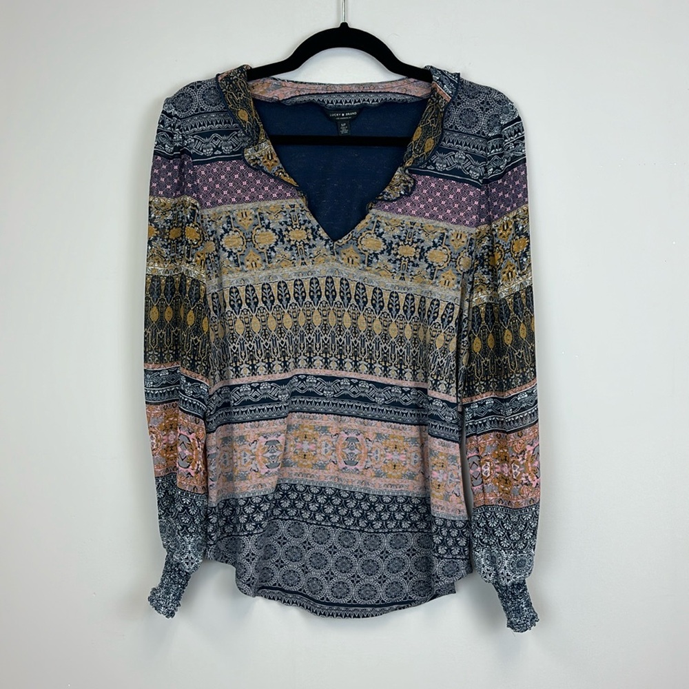 Lucky Brand Blue Printed V Neck Long Sleeve Top Ruffle Neck Sheer Sleeve Small